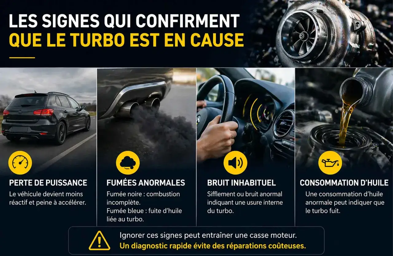 Consommation d'huile anormale, fumée bleue, perte de puissance, bruit inhabituel : signes d'une voiture qui consomme de l'huile sans fuite visible, possiblement due au turbo.