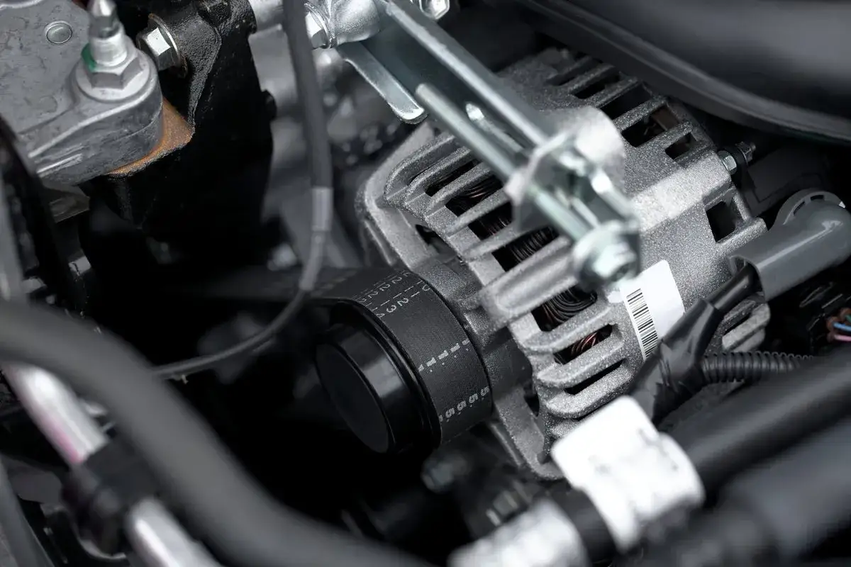 Alternateur d'un Dacia Duster, essentiel pour le tarif révision. Pièce mécanique avec courroie et câblage.