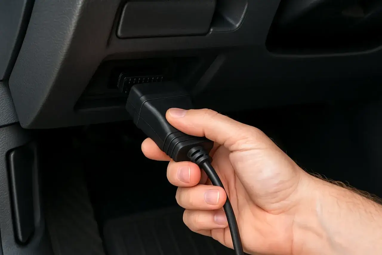 Main d'homme branchant un câble diagnostic dans la prise OBD d'une voiture. Utile pour vérifier le prix valise voiture et les diagnostics.