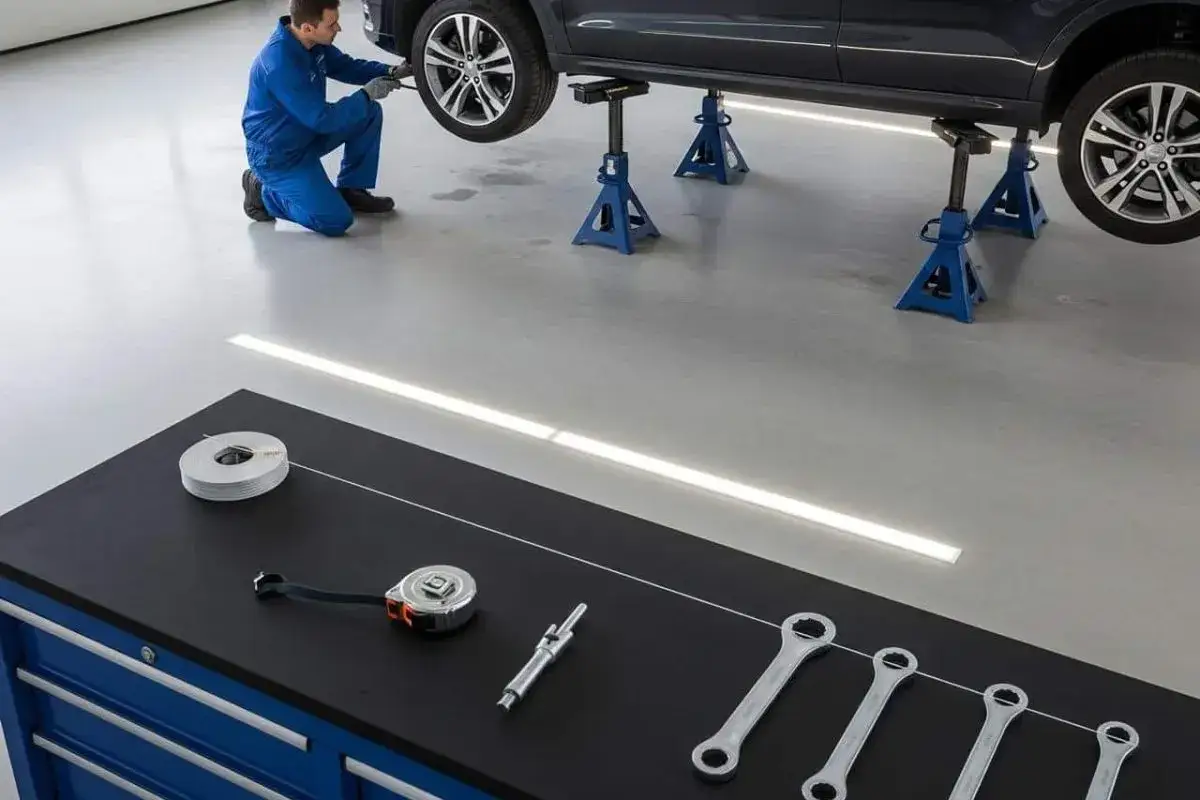 M&eacute;canicien travaillant sur une voiture sur chandelles. Un fil tendu sur la table d'outils sugg&egrave;re un travail de pr&eacute;cision, peut-&ecirc;tre pour le parall&eacute;lisme de la voiture.