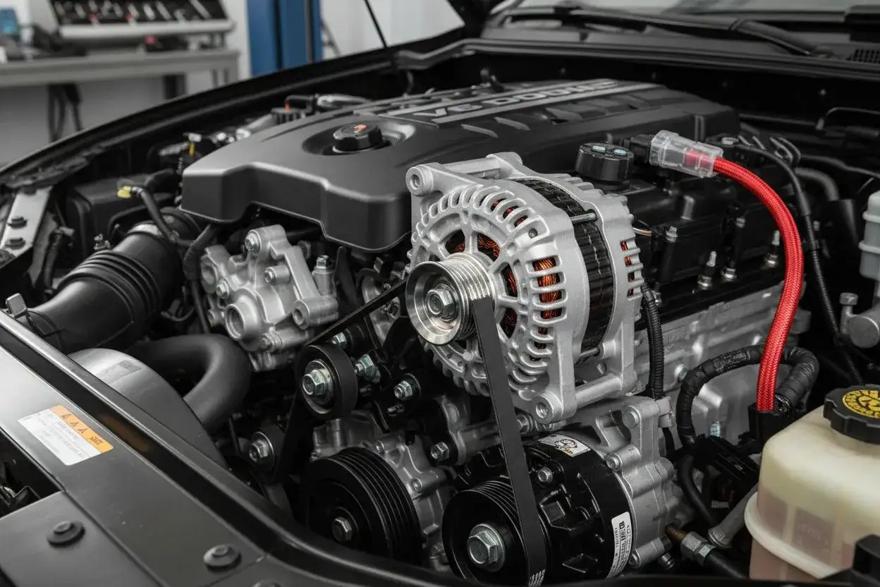 Gros plan sur un alternateur qui fume dans un compartiment moteur. Le système de courroies est visible, ainsi que des composants du moteur V6.