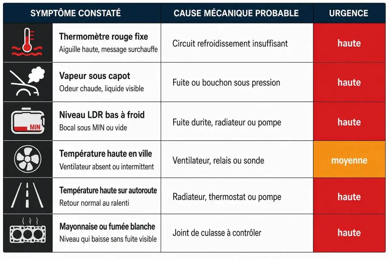 Tableau des symptômes de surchauffe moteur : thermomètre rouge, vapeur, niveau bas, ventilateur, mayonnaise/fumée blanche. Causes et urgence indiquées.