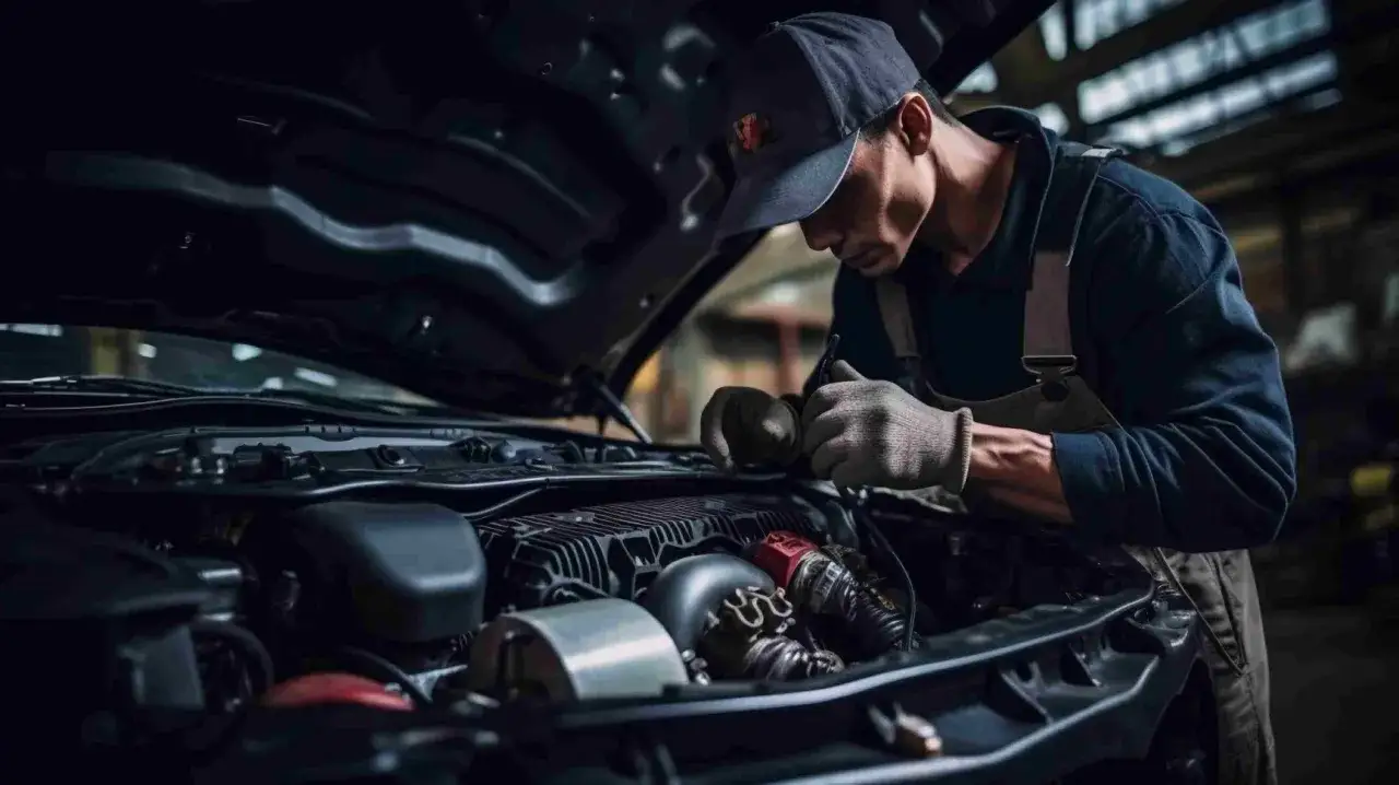 Mécanicien concentré sur le moteur d'une voiture, assurant le rodage parfait pour une performance optimale.