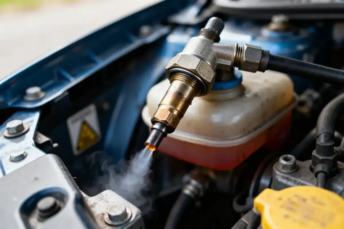Un injecteur qui claque à froid, émettant une fine vapeur. Le moteur de la voiture est ouvert, révélant des composants mécaniques.
