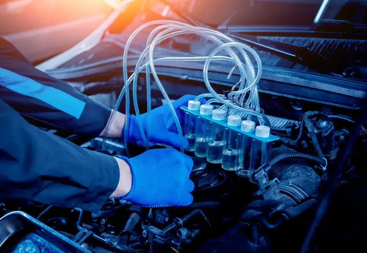 Main d'un mécanicien en bleu, utilisant un kit pour nettoyer injecteur diesel soi-même. Le moteur est visible.