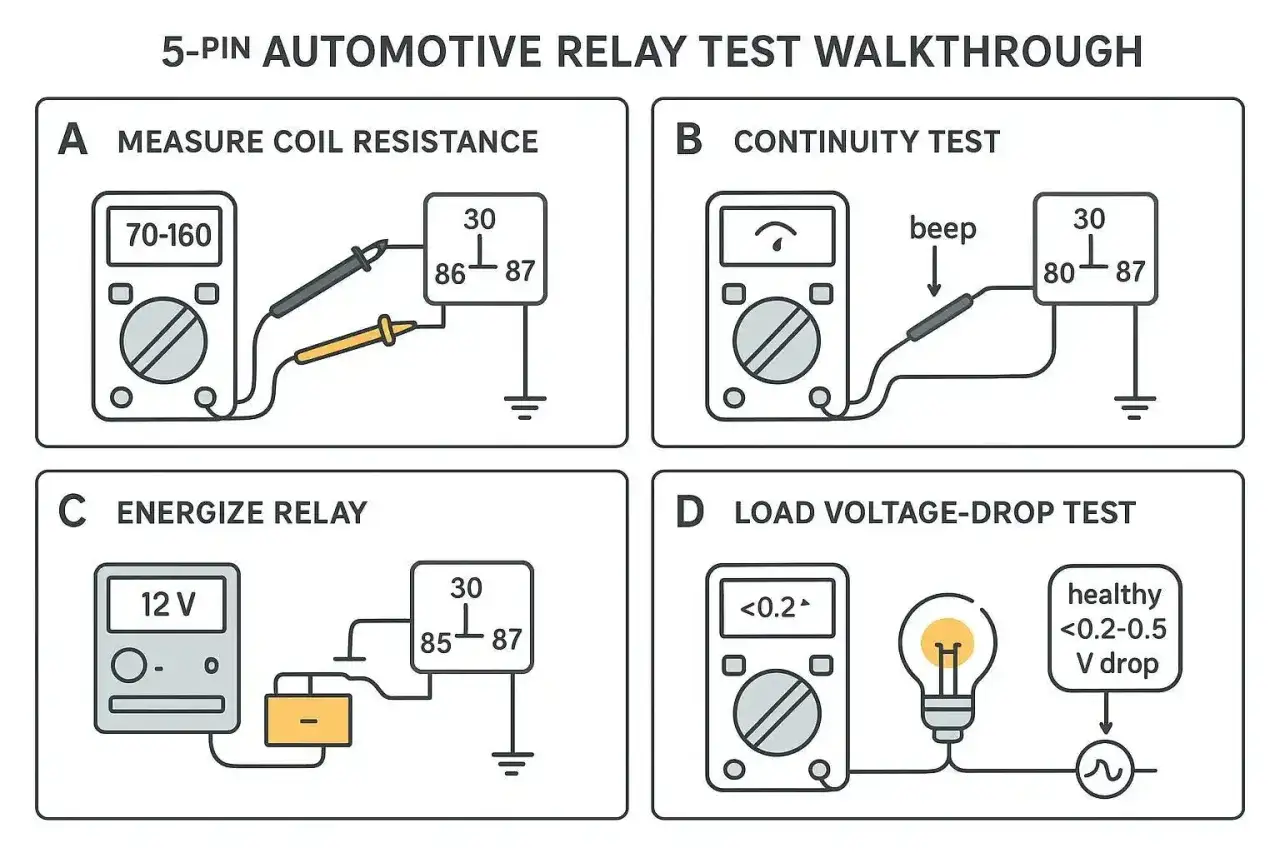 Guide pour comment tester un relais de voiture : mesure de résistance, continuité, alimentation et chute de tension.