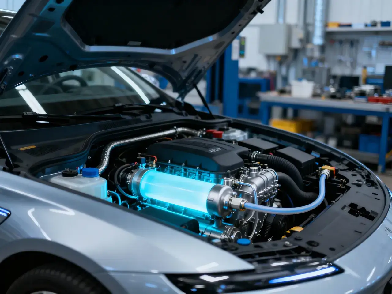 Moteur de voiture avec un cylindre lumineux bleu, &eacute;voquant le nettoyage hydrog&egrave;ne diesel pour une performance optimis&eacute;e.