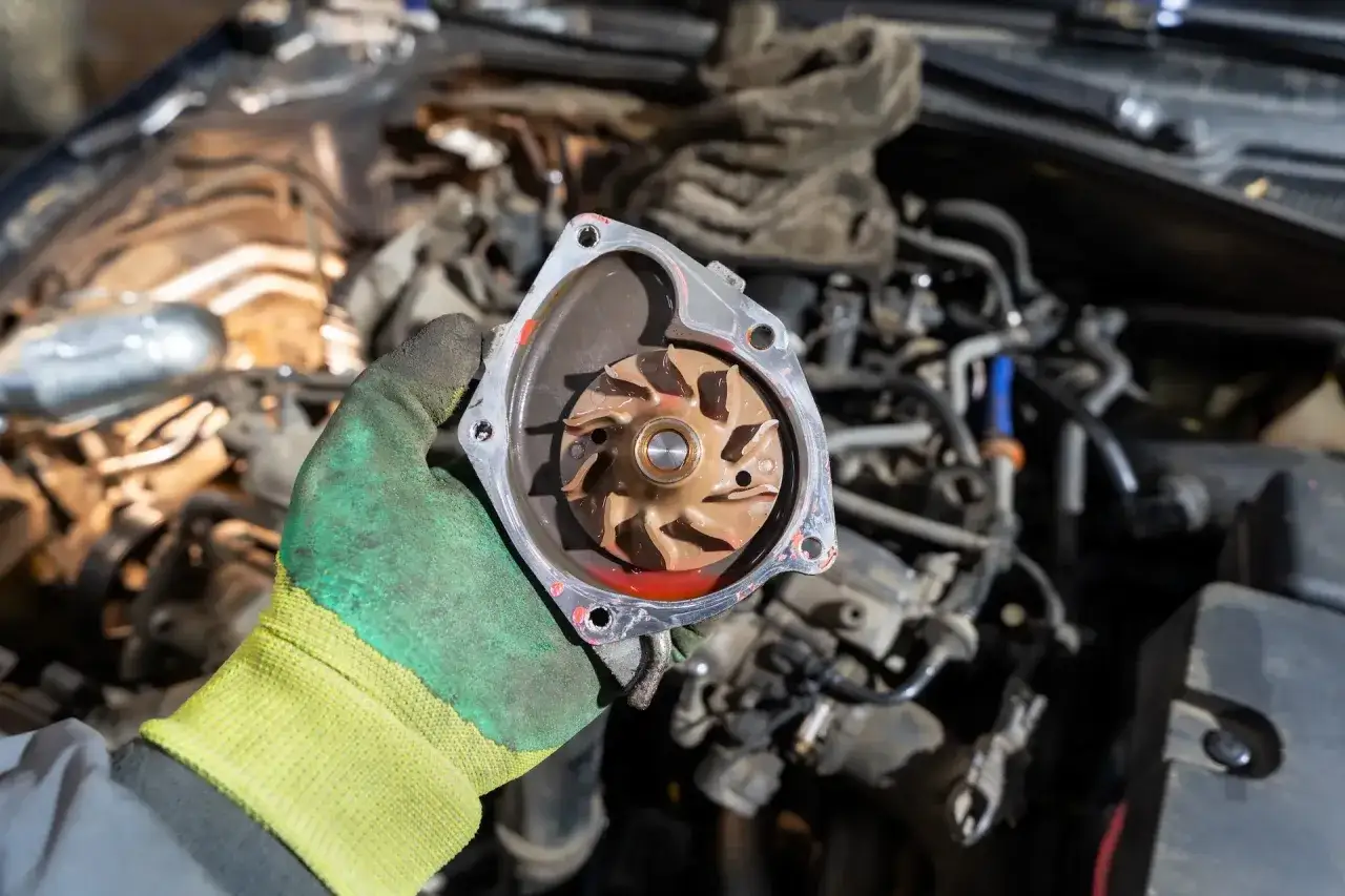 Main d'un mécanicien tenant une pompe à eau usagée. Le tarif changement pompe à eau est une dépense courante pour l'entretien automobile.