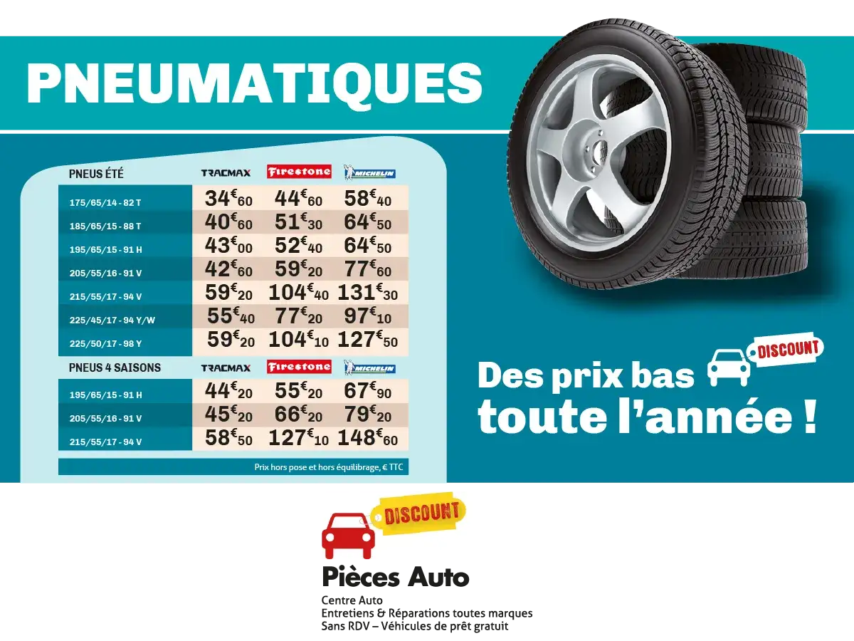 Tableau comparatif des prix pour le changement de 4 pneus été et 4 saisons. Promotions sur les pneus Tracmax, Firestone et Michelin.