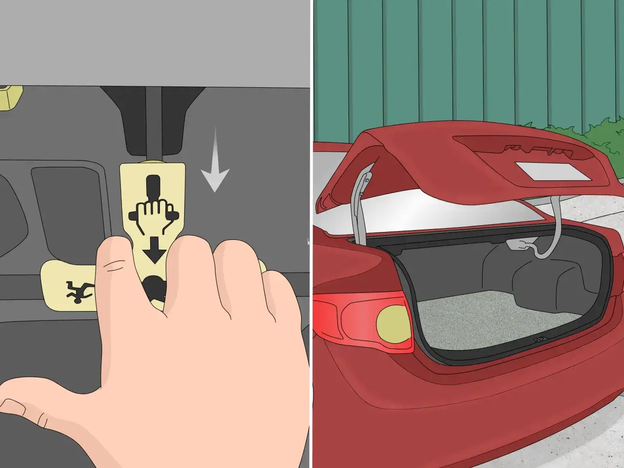 Main gauche actionne le levier pour savoir comment ouvrir un coffre de voiture bloqué. Le coffre rouge est ouvert.