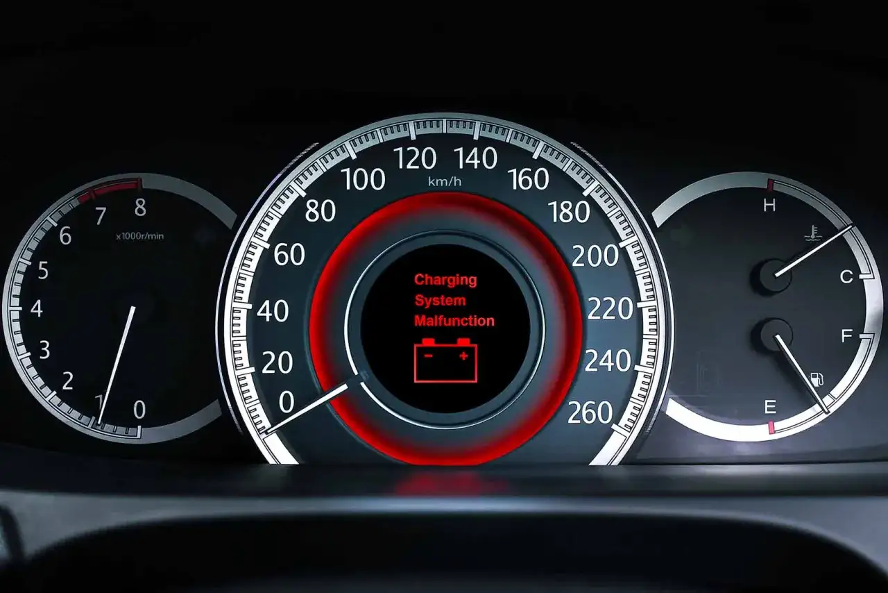 Tableau de bord de voiture avec voyant de dysfonctionnement du système de charge allumé, indiquant un problème potentiel avec la durée de vie alternateur.