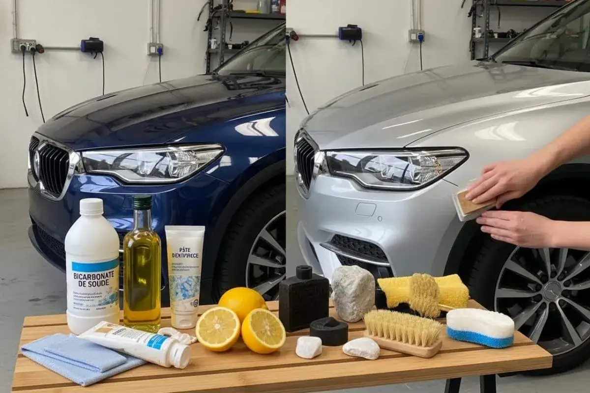 Astuce de grand-mère pour nettoyer les phares de voiture : bicarbonate, citron, huile d'olive et pâte dentifrice. Des produits naturels pour des phares éclatants.
