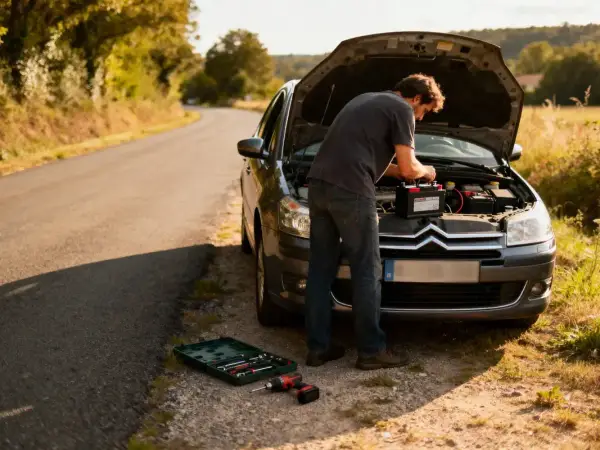 Un homme tente de démarrer sa voiture qui a du mal à démarrer diesel, en manipulant la batterie sur le bord d'une route de campagne.