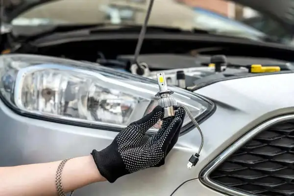 Main tenant une ampoule LED neuve, prêt à changer les ampoules de phare d'une voiture argentée.